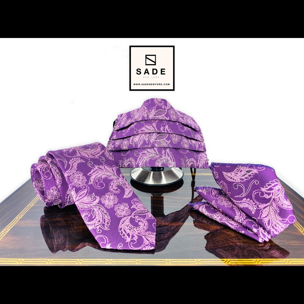 Purple Paisley Face Mask Necktie and Handkerchief